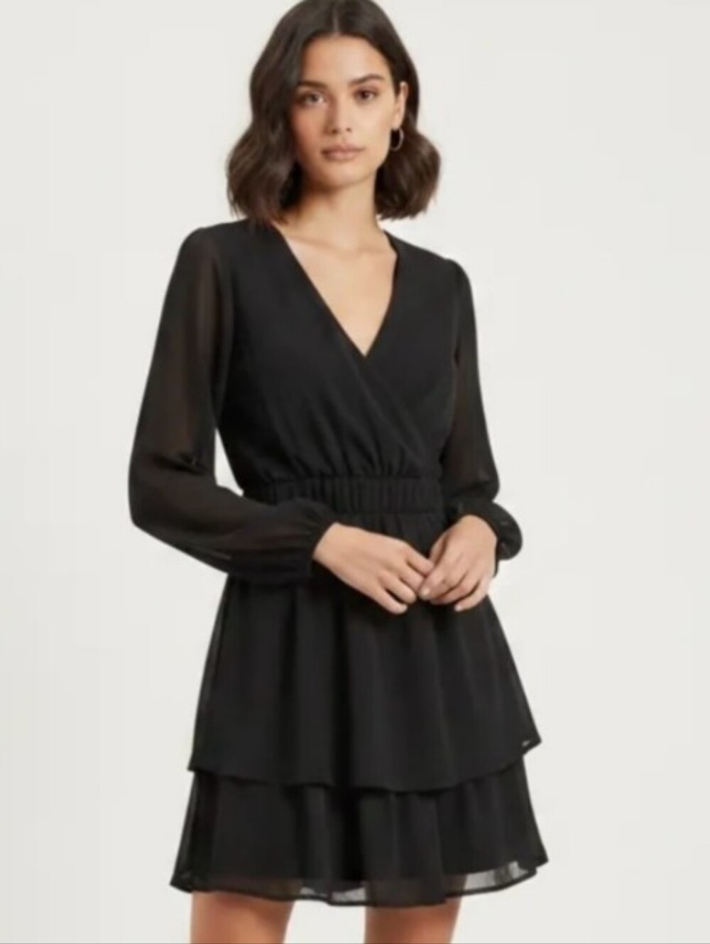 Japna Black Tiered Ruffle Wrap Front LBD Mini Dress Size Small